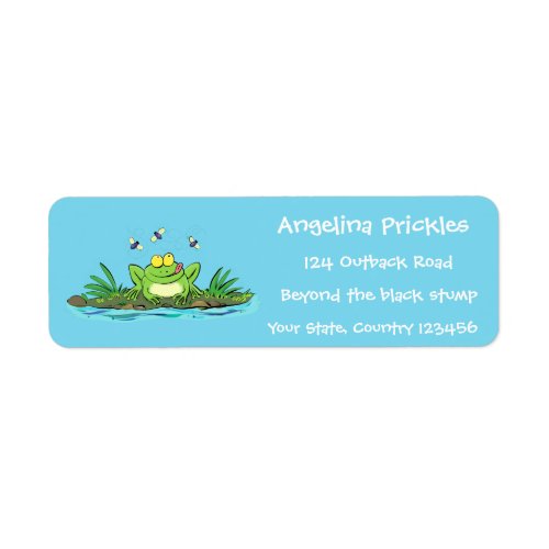 Cute green hungry frog cartoon illustration label