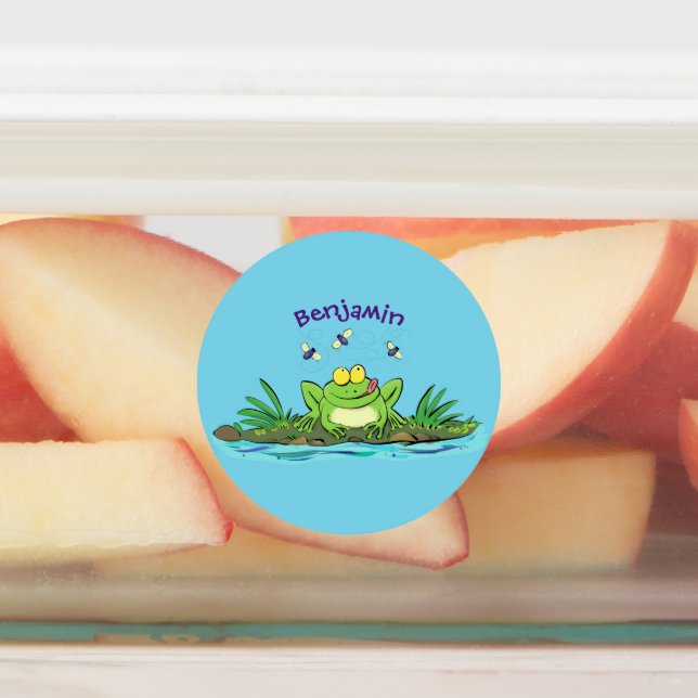 Cute green hungry frog cartoon illustration labels (Affixed)