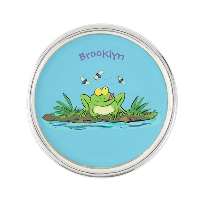 Cute green hungry frog cartoon illustration lapel pin (Front)