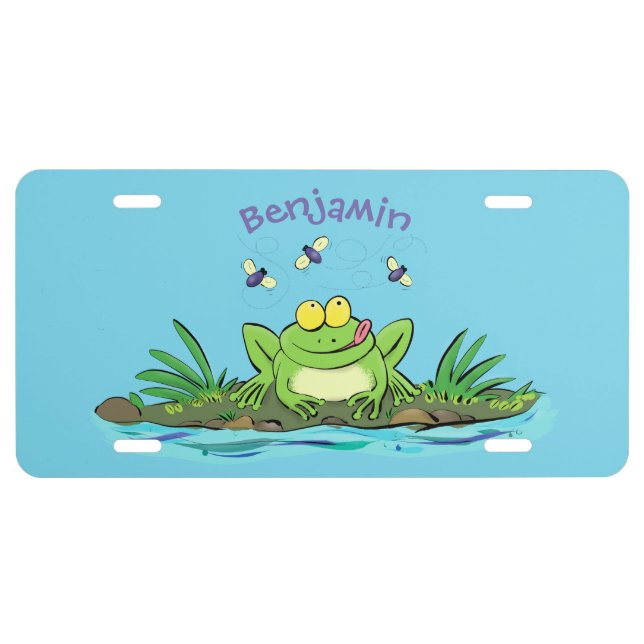 Cute green hungry frog cartoon illustration license plate (Front)