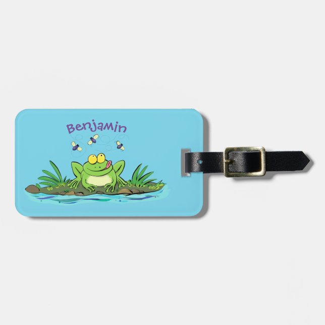 Cute green hungry frog cartoon illustration luggage tag (Front Horizontal)