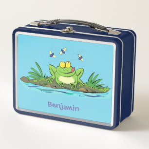 Cute green hungry frog cartoon illustration metal lunch box