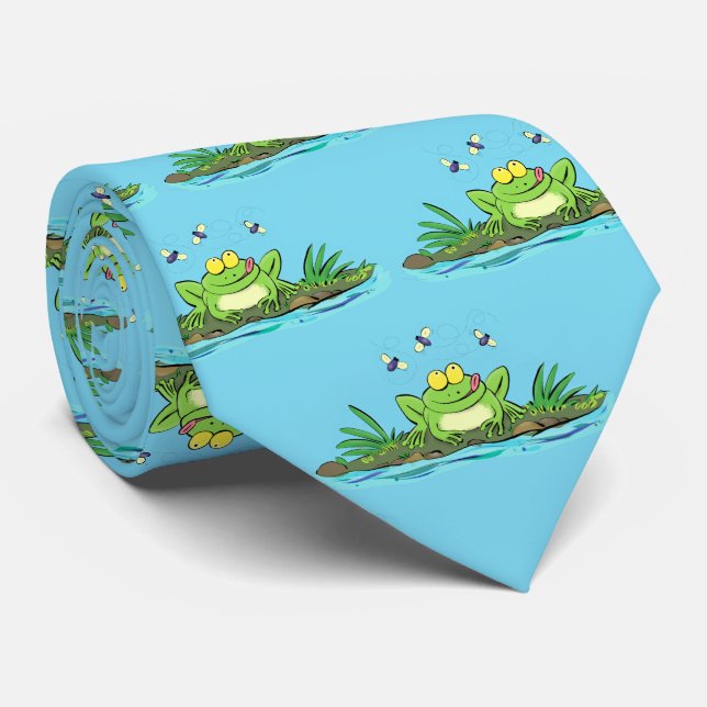 Cute green hungry frog cartoon illustration neck tie (Rolled)