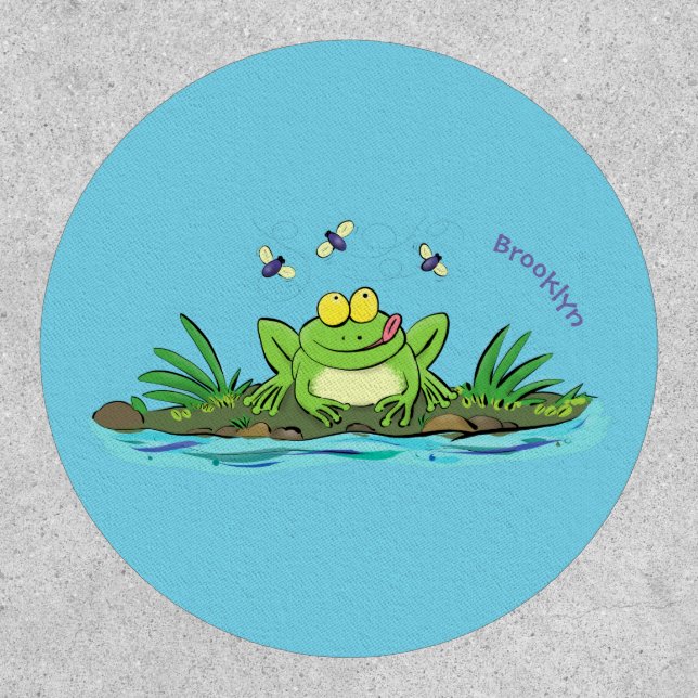 Cute green hungry frog cartoon illustration patch (Front)