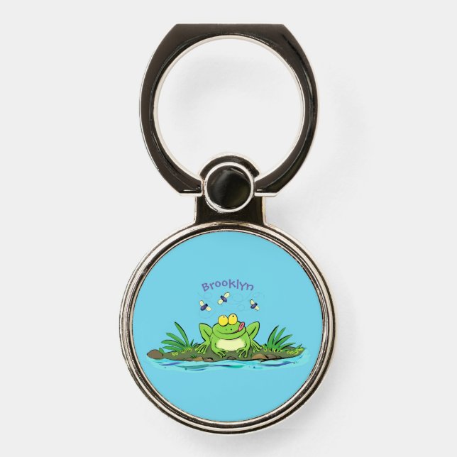 Cute green hungry frog cartoon illustration phone ring stand (Front)