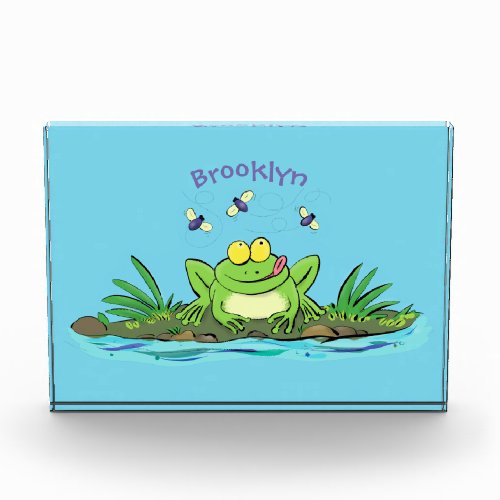Cute green hungry frog cartoon illustration photo block