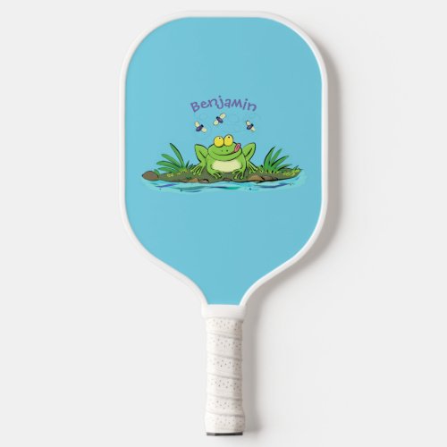 Cute green hungry frog cartoon illustration pickleball paddle