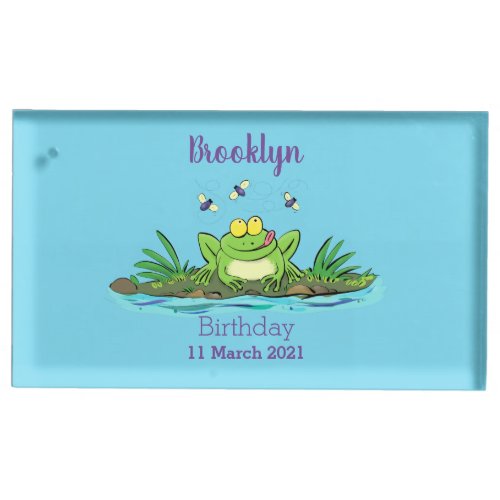 Cute green hungry frog cartoon illustration place card holder