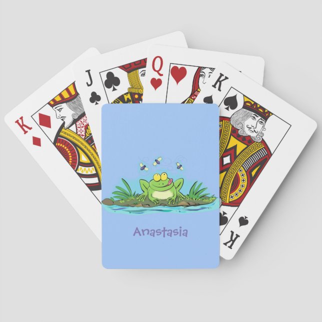 Cute green hungry frog cartoon illustration poker cards (Back)