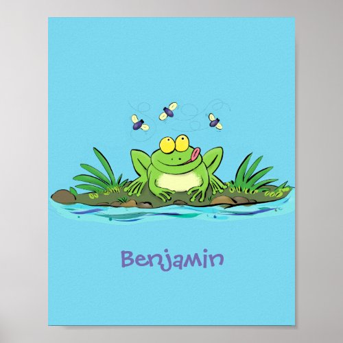 Cute green hungry frog cartoon illustration poster