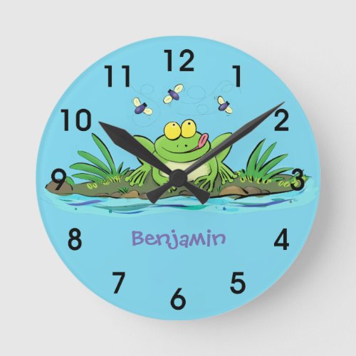 Cute green hungry frog cartoon illustration round clock