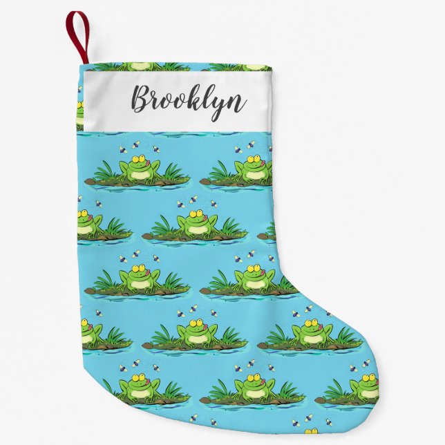 Cute green hungry frog cartoon illustration small christmas stocking (Front)