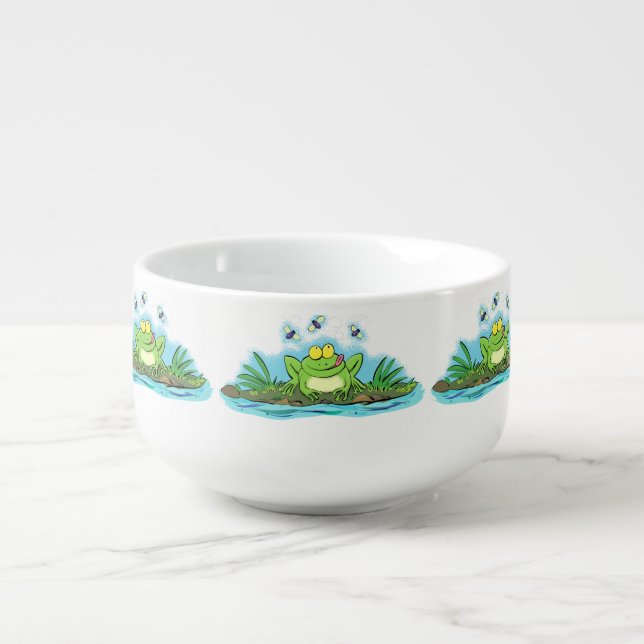 Cute green hungry frog cartoon illustration soup mug (Front)