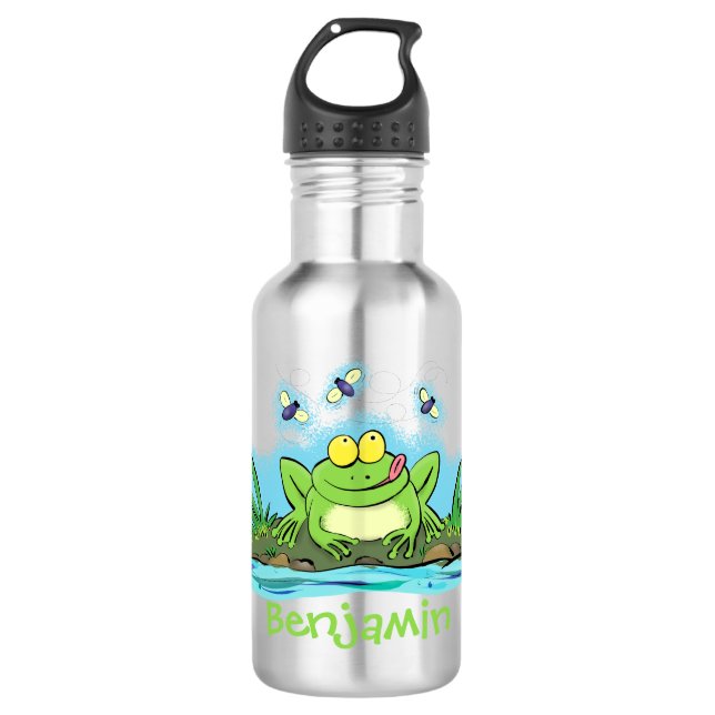 Cute green hungry frog cartoon illustration stainless steel water bottle (Front)