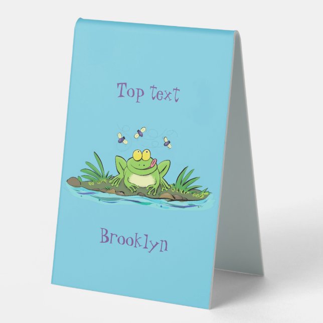 Cute green hungry frog cartoon illustration table tent (Front)