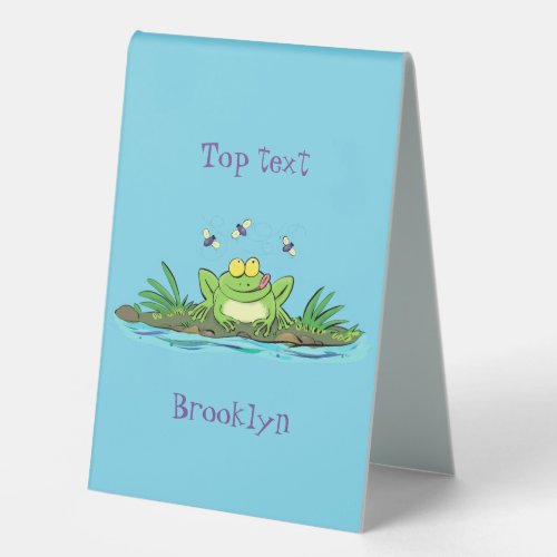 Cute green hungry frog cartoon illustration table tent sign