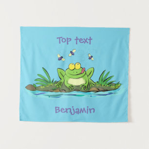 Cute green hungry frog cartoon illustration  tapestry