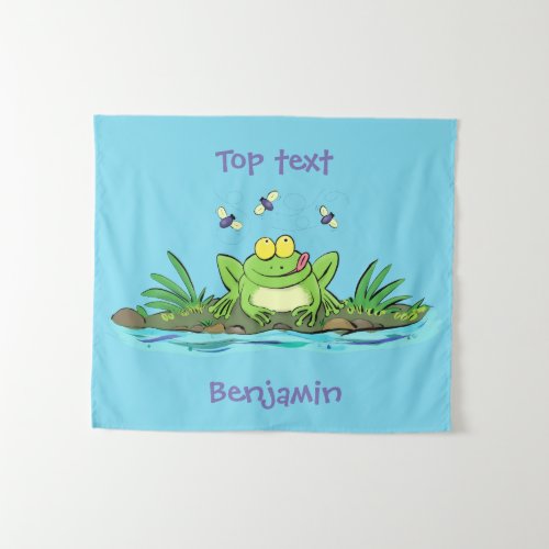 Cute green hungry frog cartoon illustration  tapestry