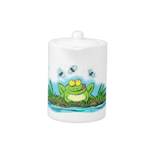 Cute green hungry frog cartoon illustration teapot