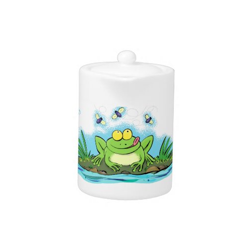 Cute green hungry frog cartoon illustration teapot