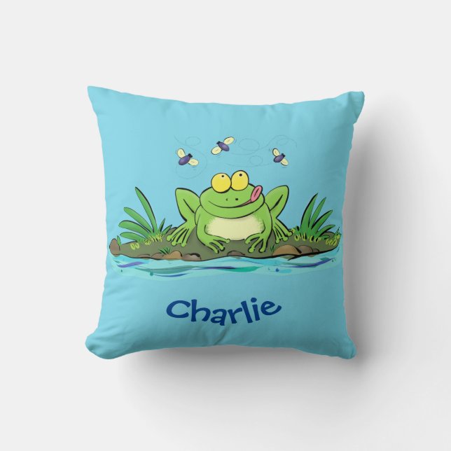 Cute green hungry frog cartoon illustration throw pillow (Front)