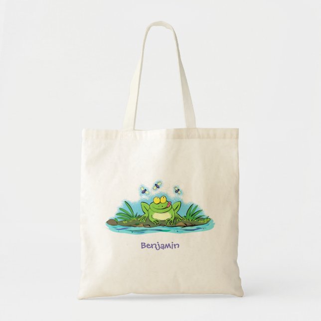 Cute green hungry frog cartoon illustration tote bag (Front)