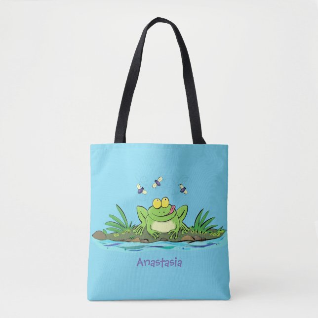 Cute green hungry frog cartoon illustration tote bag (Front)
