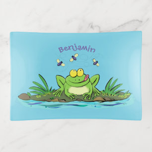 Cute green hungry frog cartoon illustration trinket tray