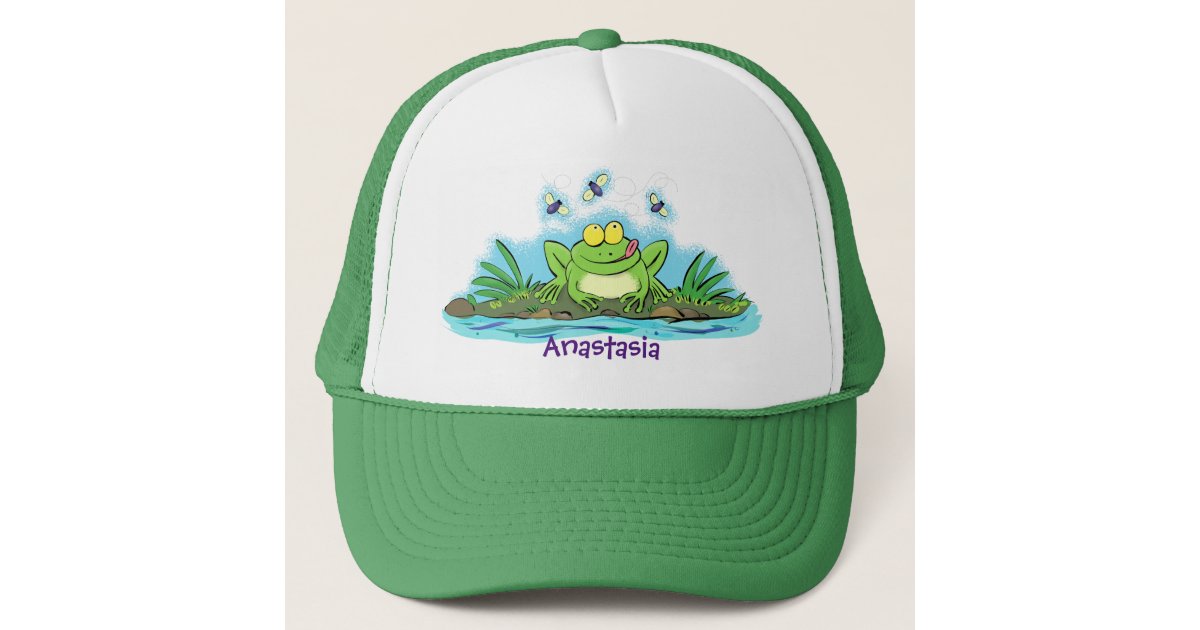 Cute green hungry frog cartoon illustration trucker hat
