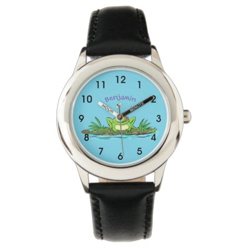 Cute green hungry frog cartoon illustration watch