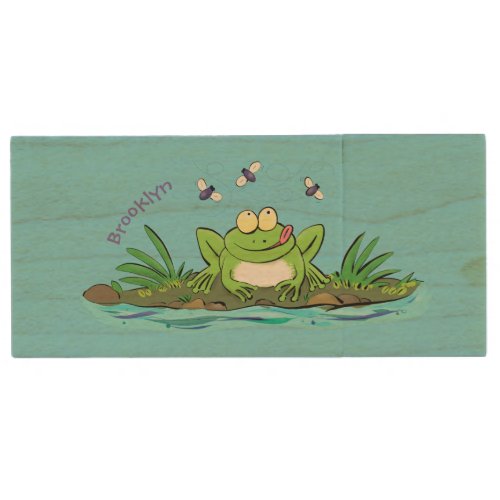 Cute green hungry frog cartoon illustration wood flash drive