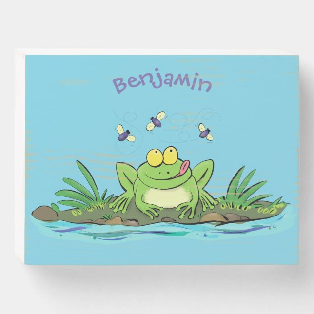 Cute green hungry frog cartoon illustration wooden box sign (Front Horizontal)