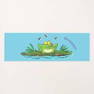 Cute green hungry frog cartoon illustration yoga mat