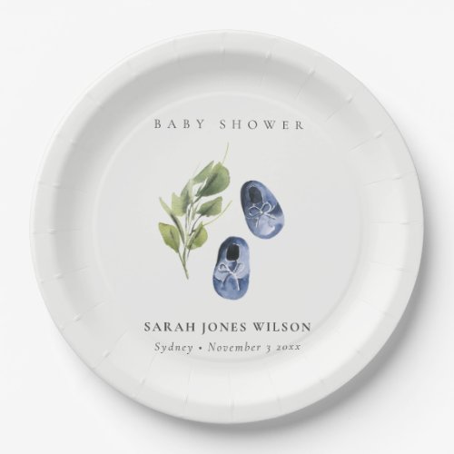 Cute Green Ink Blue Boy Shoes Foliage Baby Shower 