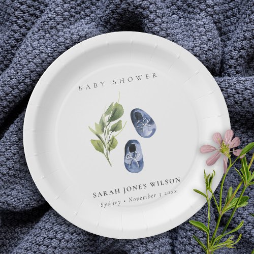 Cute Green Ink Blue Boy Shoes Foliage Baby Shower  Paper Plates