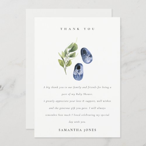 Cute Green Ink Blue Boy Shoes Foliage Baby Shower Thank You Card