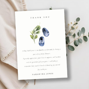 Cute Green Ink Blue Boy Shoes Foliage Baby Shower Thank You Card