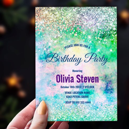 Cute green iridescent silver faux glitter monogram invitation