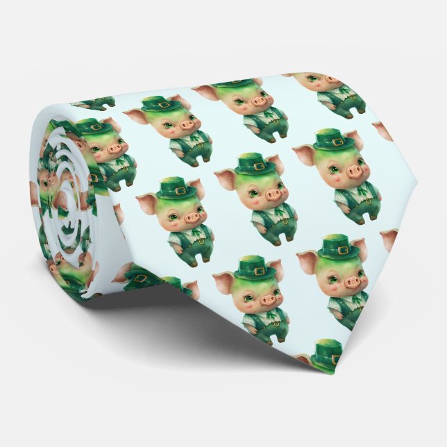 Cute Green Irish Pig in Fancy Clothing Neck Tie (Rolled)