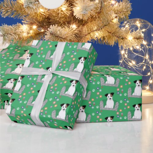 Cute Green Jack Russell Christmas Wrapping Paper