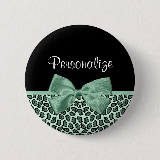 Cute Green Jaguar Print Girly Jade Bow and Name Button (Front)
