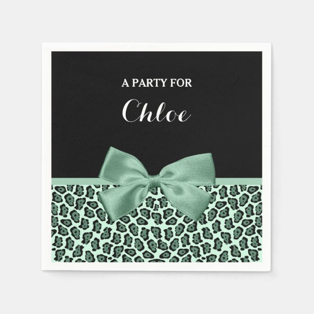 Cute Green Jaguar Print Girly Jade Bow and Name Paper Napkins (Front)
