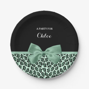 Cute Green Jaguar Print Girly Jade Bow and Name Paper Plates