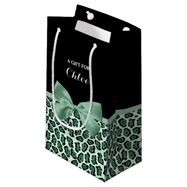 Cute Green Jaguar Print Girly Jade Bow and Name Small Gift Bag (Front Angled)