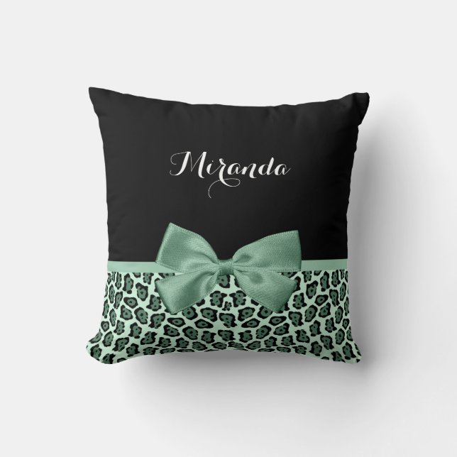 Cute Green Jaguar Print Girly Jade Bow and Name Throw Pillow (Front)