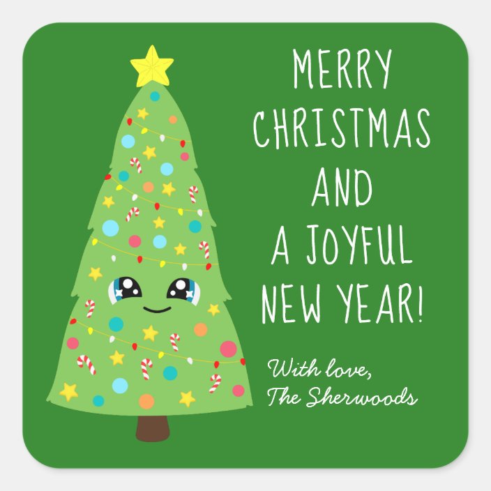 Cute Green Kawaii Christmas Tree Merry Xmas Square Sticker Zazzle Com