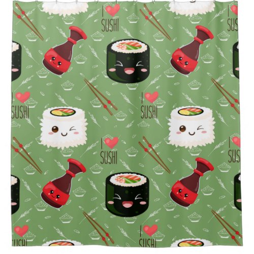 Cute green Kawaii Sushi pattern    Shower Curtain