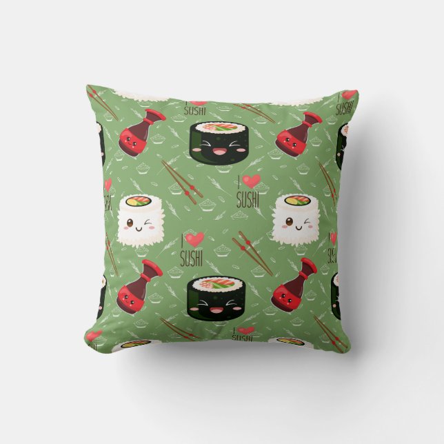 Cute green Kawaii Sushi pattern  Throw Pillow (Front)