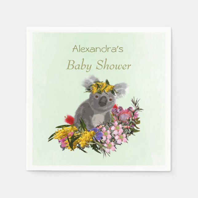 Cute Green Koala Wildflowers Baby Shower Napkins (Front)