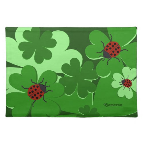 Cute Green Lady Bug Clover Leaves Name Cloth Placemat
